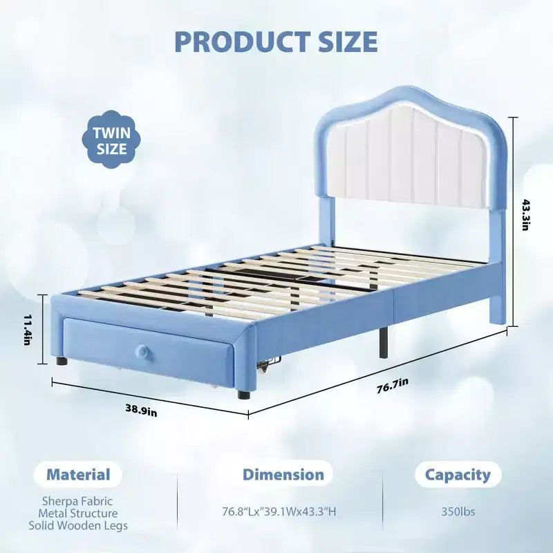 Upholstered Twin Platform Bed with LED Lights & Storage Drawer Soft Velvet Fabric Headboard Included Sturdy Structure No Box Spring Needed