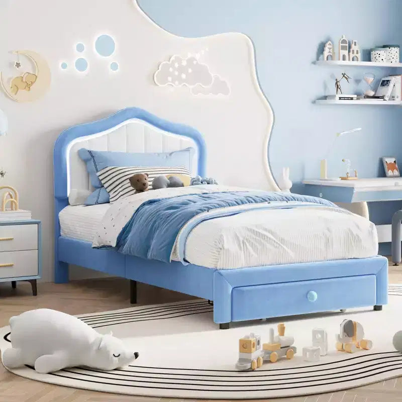 Upholstered Twin Platform Bed with LED Lights & Storage Drawer Soft Velvet Fabric Headboard Included Sturdy Structure No Box Spring Needed