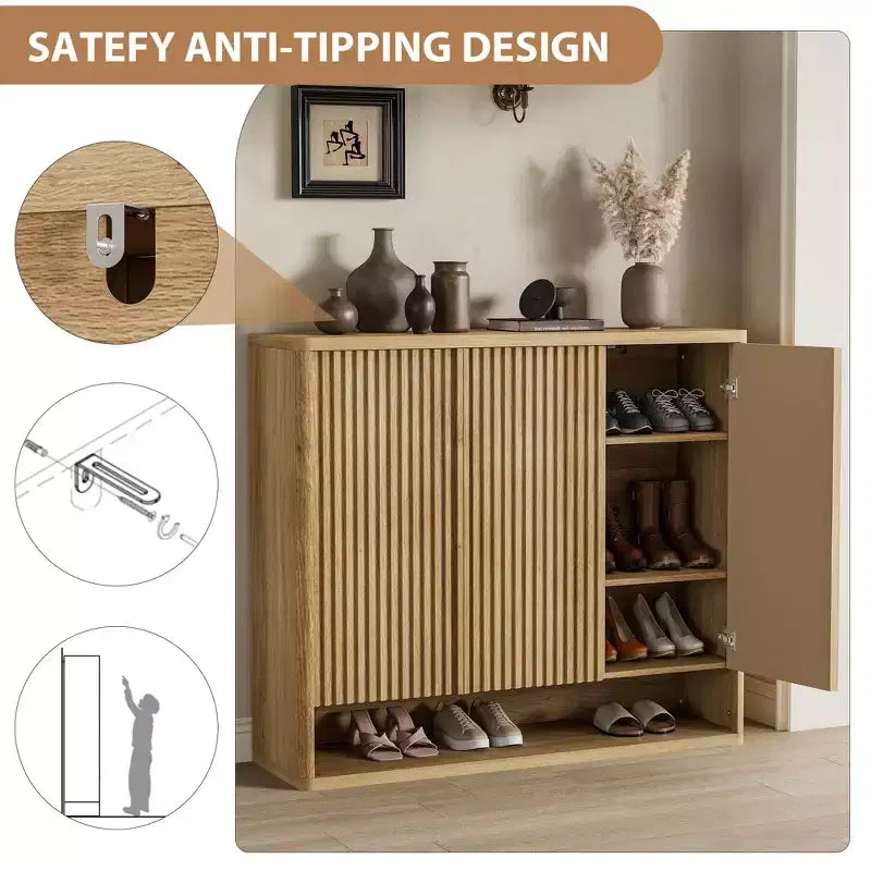 46 Modern Wooden Shoe Storage Cabinet w/ Fluted Doors & Adjustable Shelves, Large Freestanding Entryway Organizer Rack Holds 30-35 Pairs