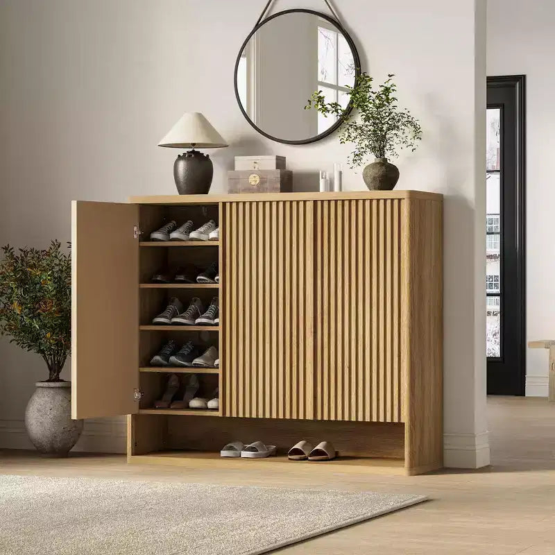 46 Modern Wooden Shoe Storage Cabinet w/ Fluted Doors & Adjustable Shelves, Large Freestanding Entryway Organizer Rack Holds 30-35 Pairs