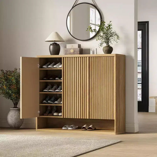 46 Modern Wooden Shoe Storage Cabinet w/ Fluted Doors & Adjustable Shelves, Large Freestanding Entryway Organizer Rack Holds 30-35 Pairs