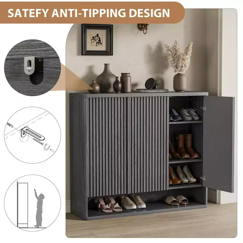 46 Modern Wooden Shoe Storage Cabinet w/ Fluted Doors & Adjustable Shelves, Large Freestanding Entryway Organizer Rack Holds 30-35 Pairs