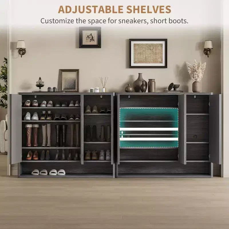 46 Modern Wooden Shoe Storage Cabinet w/ Fluted Doors & Adjustable Shelves, Large Freestanding Entryway Organizer Rack Holds 30-35 Pairs