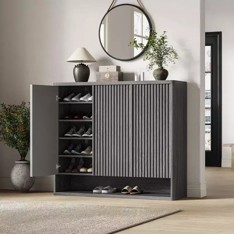 46 Modern Wooden Shoe Storage Cabinet w/ Fluted Doors & Adjustable Shelves, Large Freestanding Entryway Organizer Rack Holds 30-35 Pairs
