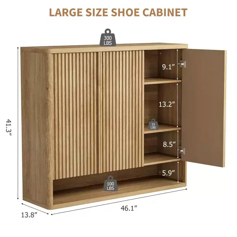 46 Modern Wooden Shoe Storage Cabinet w/ Fluted Doors & Adjustable Shelves, Large Freestanding Entryway Organizer Rack Holds 30-35 Pairs