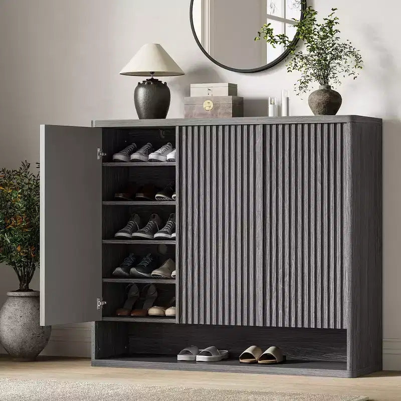 46 Modern Wooden Shoe Storage Cabinet w/ Fluted Doors & Adjustable Shelves, Large Freestanding Entryway Organizer Rack Holds 30-35 Pairs
