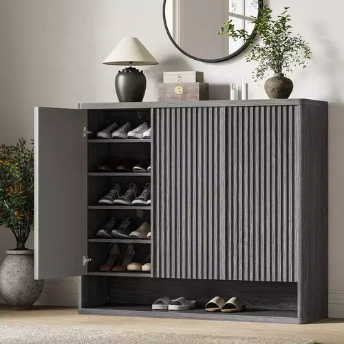 46 Modern Wooden Shoe Storage Cabinet w/ Fluted Doors & Adjustable Shelves, Large Freestanding Entryway Organizer Rack Holds 30-35 Pairs
