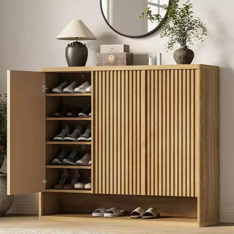 46 Modern Wooden Shoe Storage Cabinet w/ Fluted Doors & Adjustable Shelves, Large Freestanding Entryway Organizer Rack Holds 30-35 Pairs