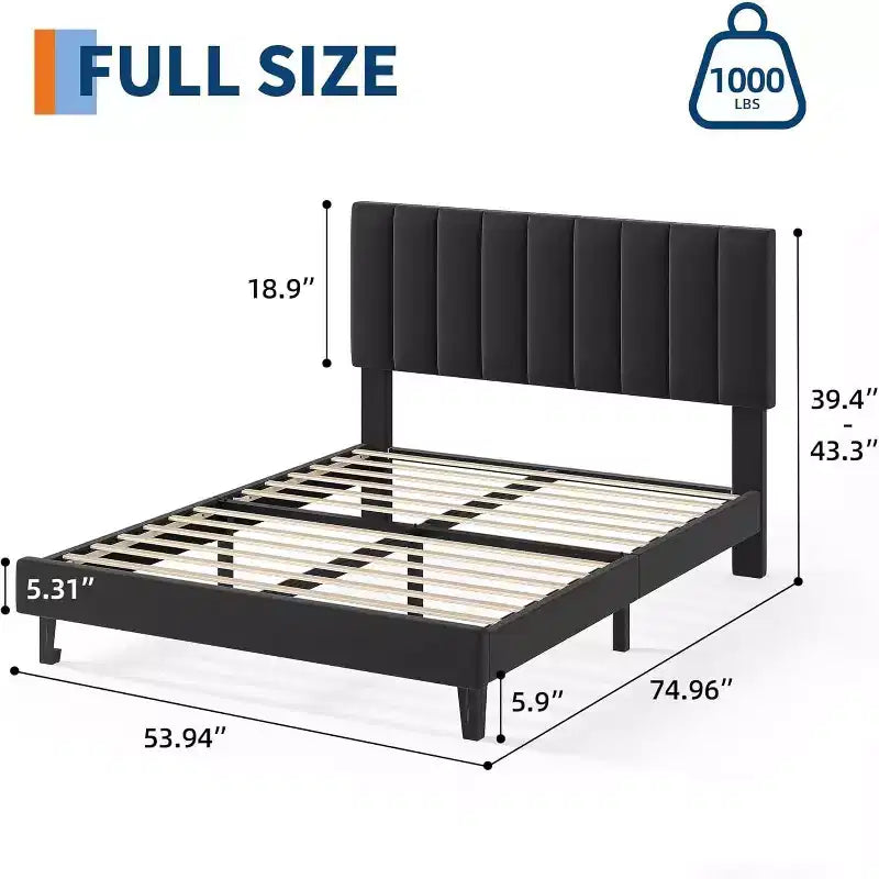 GustoWave Velvet Upholstered Platform Bed Frame with Adjustable Tufted Headboard, No Box Spring Needed
