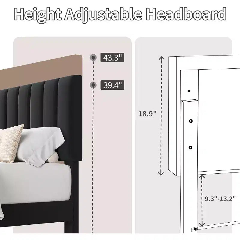 GustoWave Velvet Upholstered Platform Bed Frame with Adjustable Tufted Headboard, No Box Spring Needed