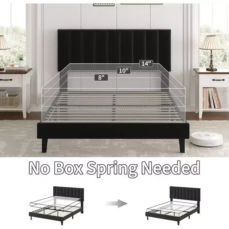 GustoWave Velvet Upholstered Platform Bed Frame with Adjustable Tufted Headboard, No Box Spring Needed