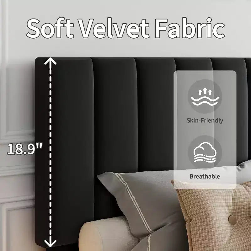 GustoWave Velvet Upholstered Platform Bed Frame with Adjustable Tufted Headboard, No Box Spring Needed