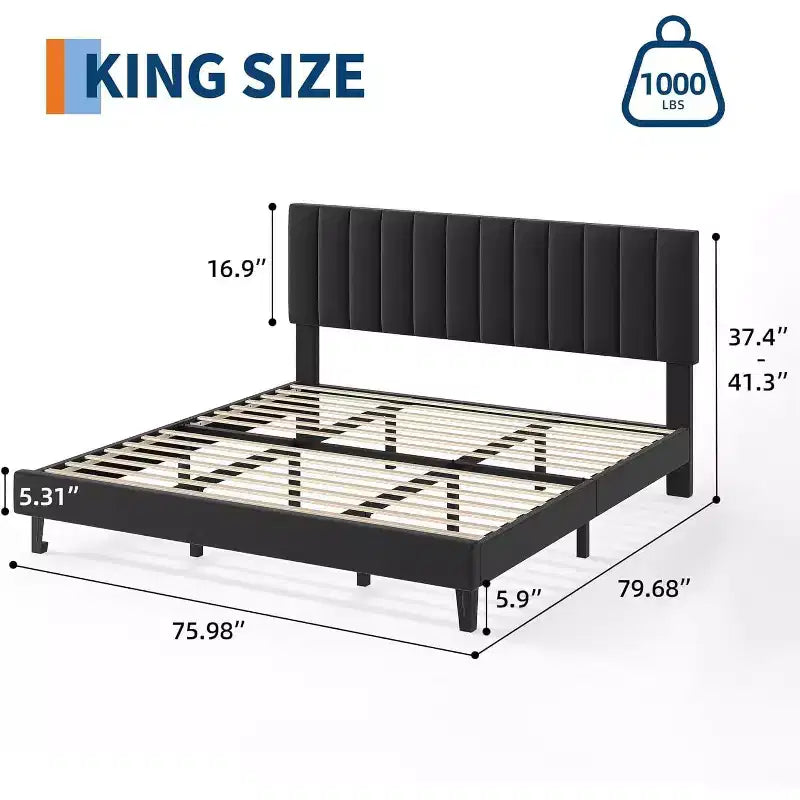 GustoWave Velvet Upholstered Platform Bed Frame with Adjustable Tufted Headboard, No Box Spring Needed