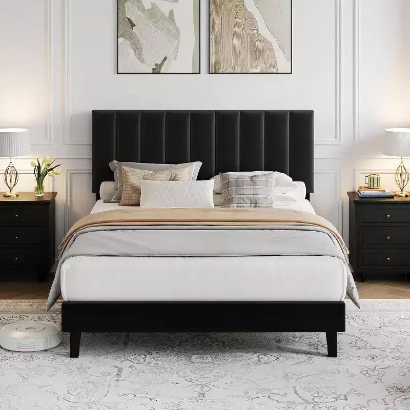 GustoWave Velvet Upholstered Platform Bed Frame with Adjustable Tufted Headboard, No Box Spring Needed