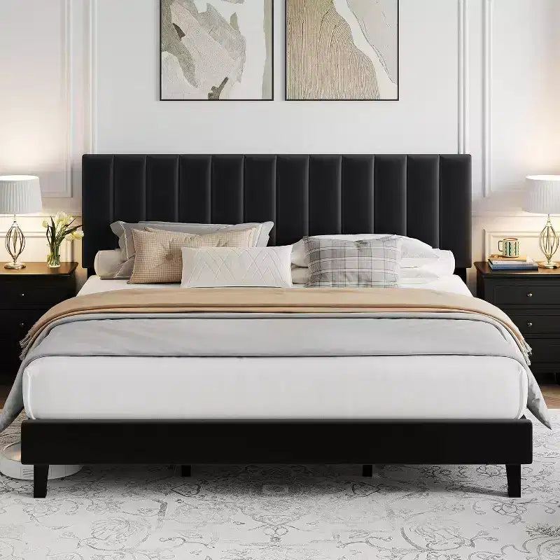 GustoWave Velvet Upholstered Platform Bed Frame with Adjustable Tufted Headboard, No Box Spring Needed