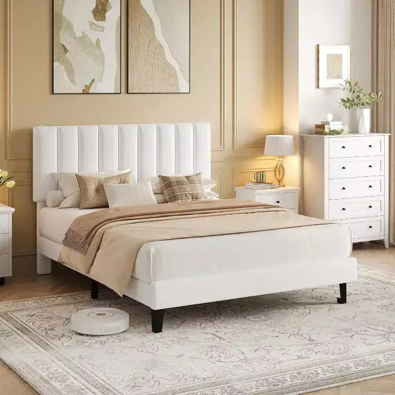 GustoWave Velvet Upholstered Platform Bed Frame with Adjustable Tufted Headboard, No Box Spring Needed