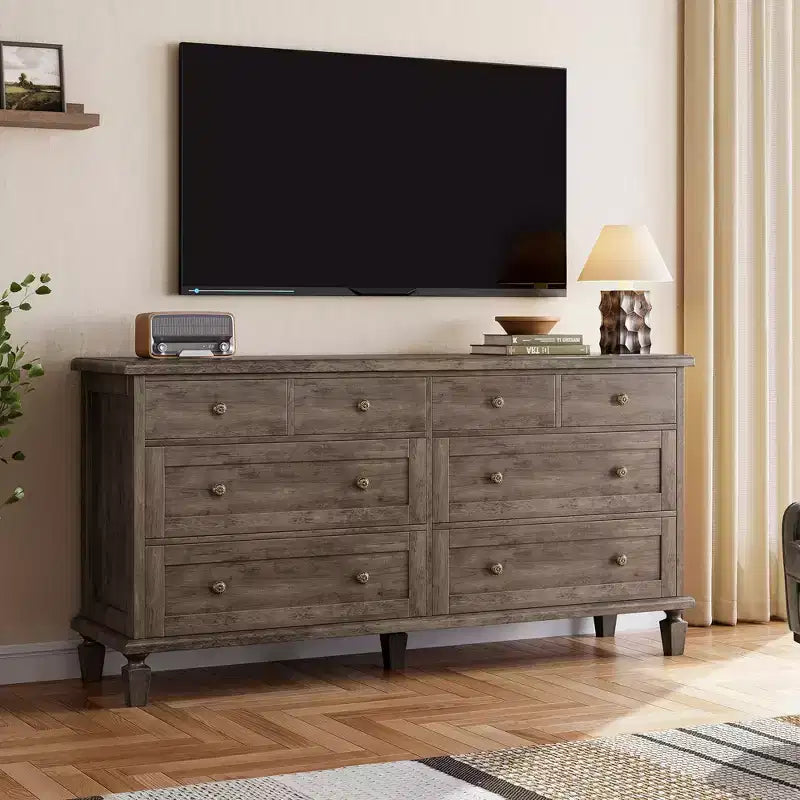 Wide Wood Chest of Drawers, Vintage 8-Drawer Dresser w/ Distressed Finish & Tapered Legs, Large Storage Organizer Console for Bedroom & Hallway