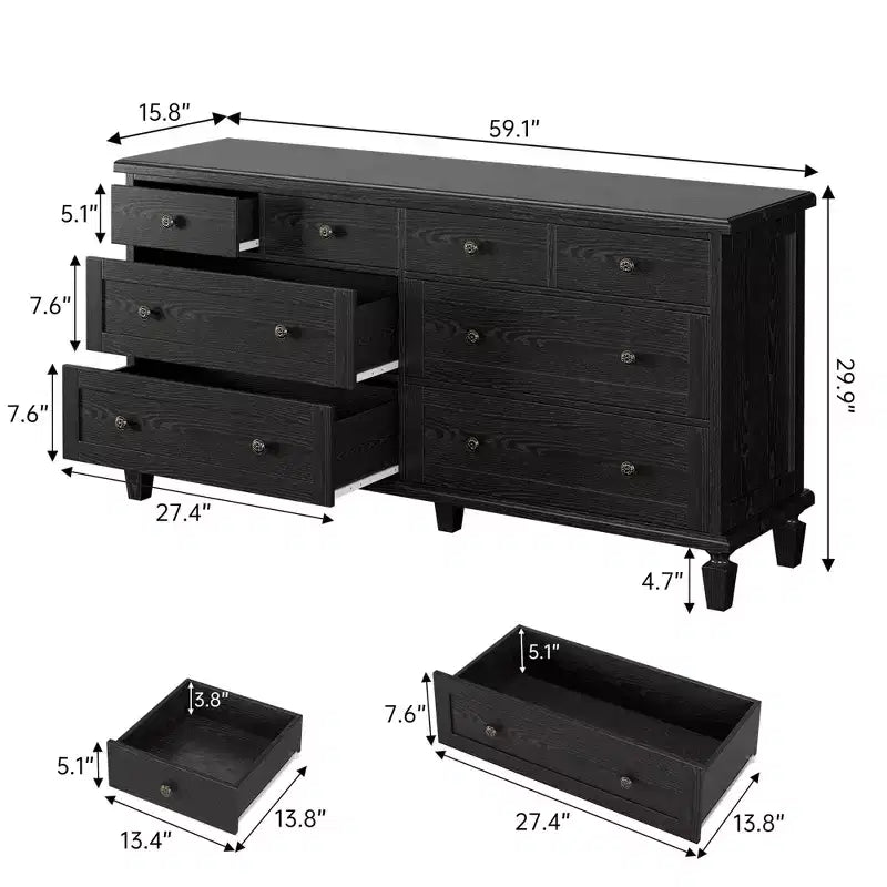 Wide Wood Chest of Drawers, Vintage 8-Drawer Dresser w/ Distressed Finish & Tapered Legs, Large Storage Organizer Console for Bedroom & Hallway