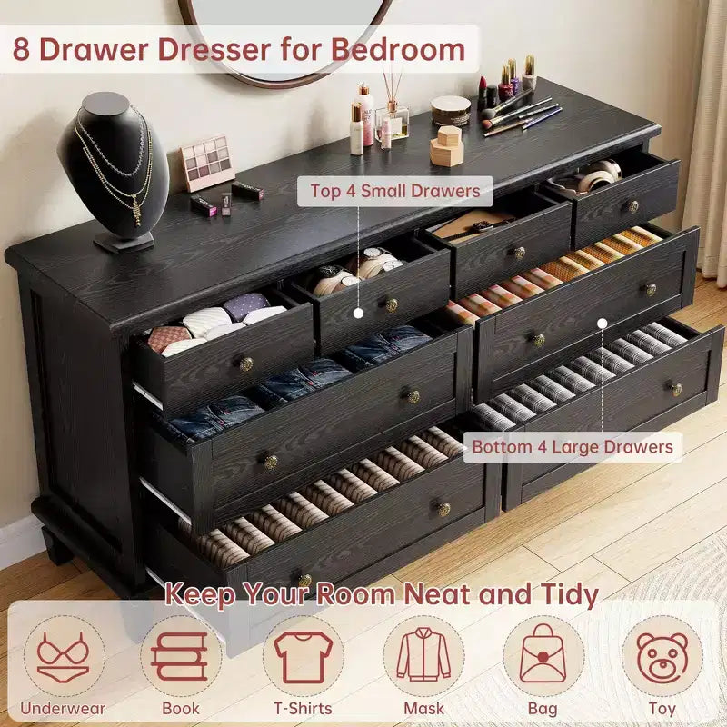 Wide Wood Chest of Drawers, Vintage 8-Drawer Dresser w/ Distressed Finish & Tapered Legs, Large Storage Organizer Console for Bedroom & Hallway