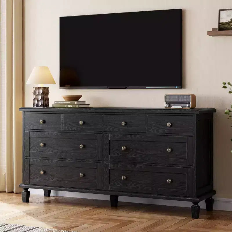 Wide Wood Chest of Drawers, Vintage 8-Drawer Dresser w/ Distressed Finish & Tapered Legs, Large Storage Organizer Console for Bedroom & Hallway
