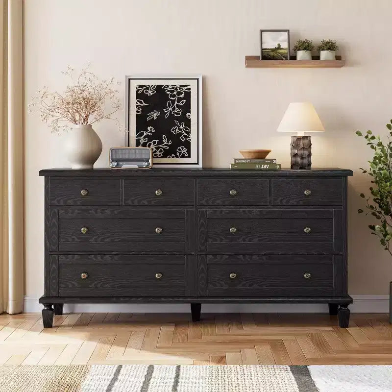 Wide Wood Chest of Drawers, Vintage 8-Drawer Dresser w/ Distressed Finish & Tapered Legs, Large Storage Organizer Console for Bedroom & Hallway