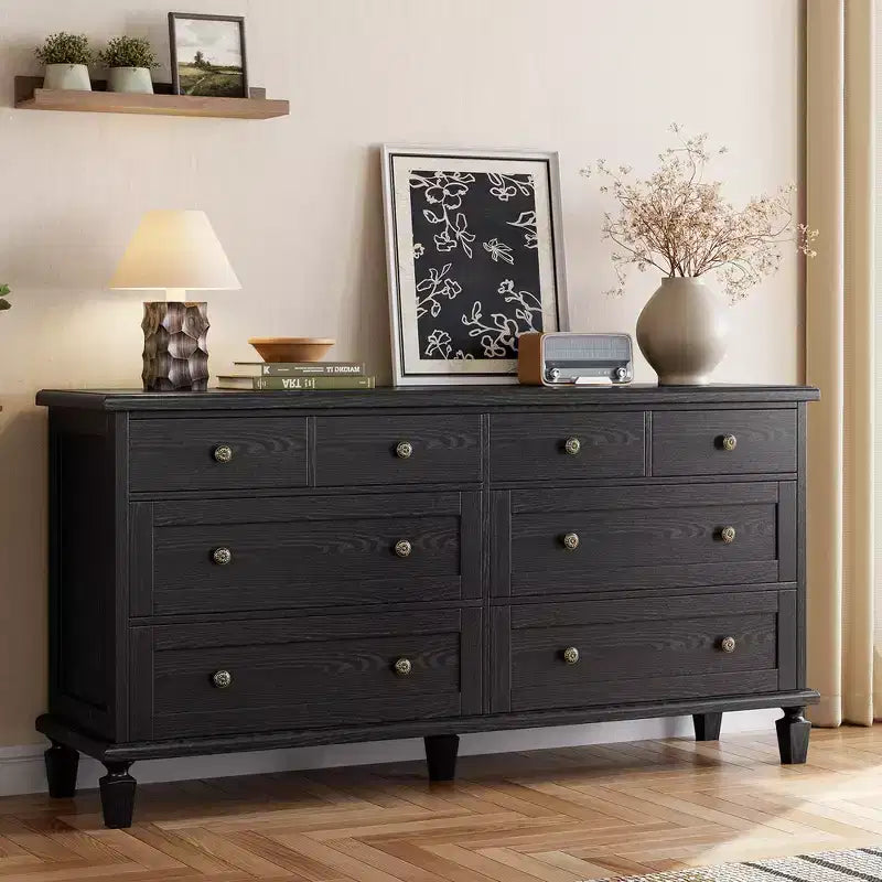 Wide Wood Chest of Drawers, Vintage 8-Drawer Dresser w/ Distressed Finish & Tapered Legs, Large Storage Organizer Console for Bedroom & Hallway