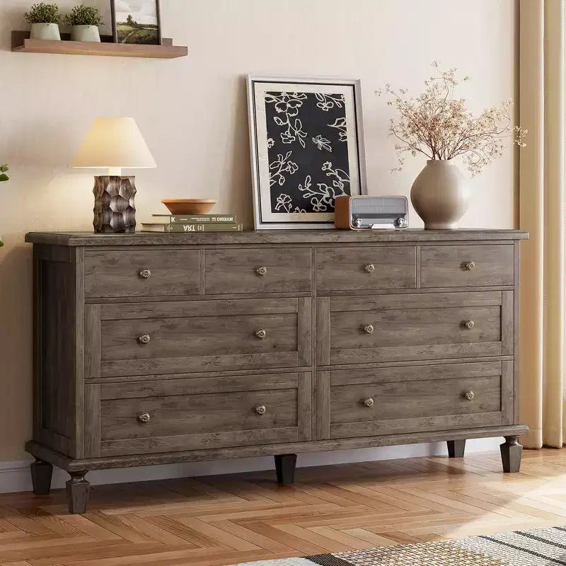 Wide Wood Chest of Drawers, Vintage 8-Drawer Dresser w/ Distressed Finish & Tapered Legs, Large Storage Organizer Console for Bedroom & Hallway