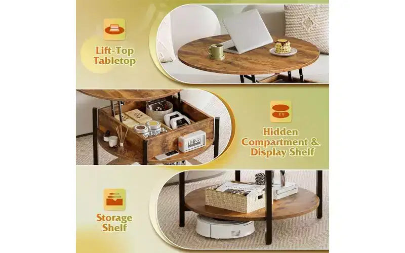 DEXYLLO Round Lift Top Coffee Table with Storage Shelf and Hidden Compartment, Farmhouse Small Coffee Table with 2 Tier for