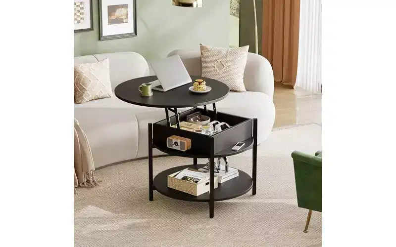 DEXYLLO Round Lift Top Coffee Table with Storage Shelf and Hidden Compartment, Farmhouse Small Coffee Table with 2 Tier for