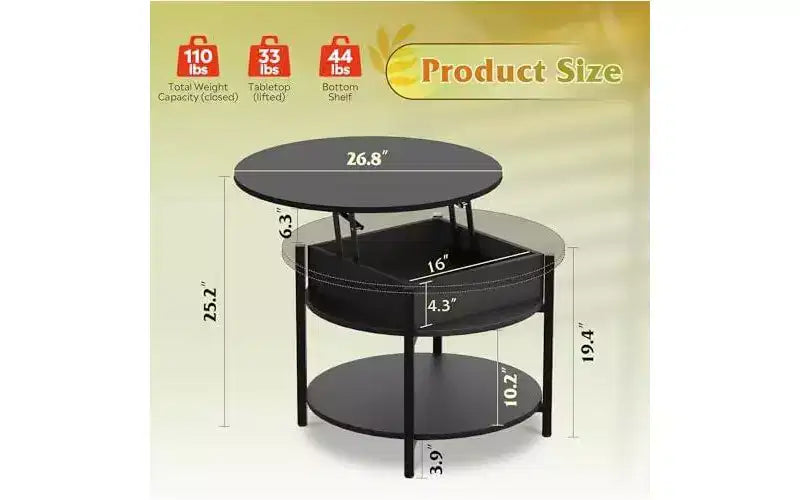 DEXYLLO Round Lift Top Coffee Table with Storage Shelf and Hidden Compartment, Farmhouse Small Coffee Table with 2 Tier for