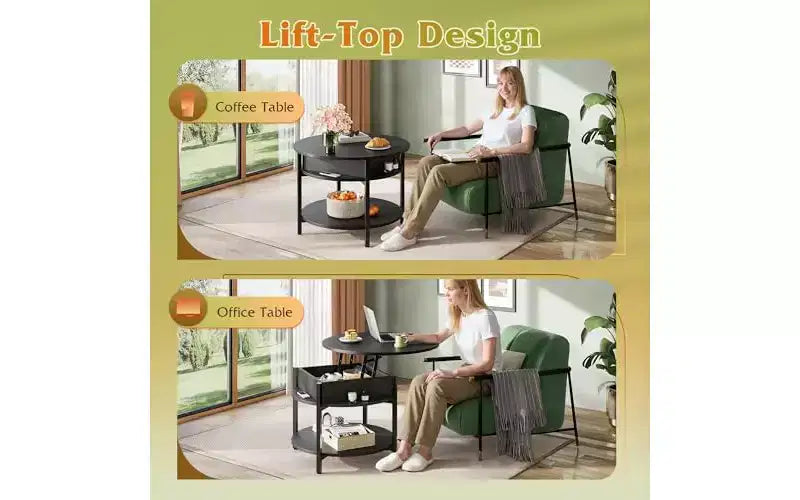 DEXYLLO Round Lift Top Coffee Table with Storage Shelf and Hidden Compartment, Farmhouse Small Coffee Table with 2 Tier for