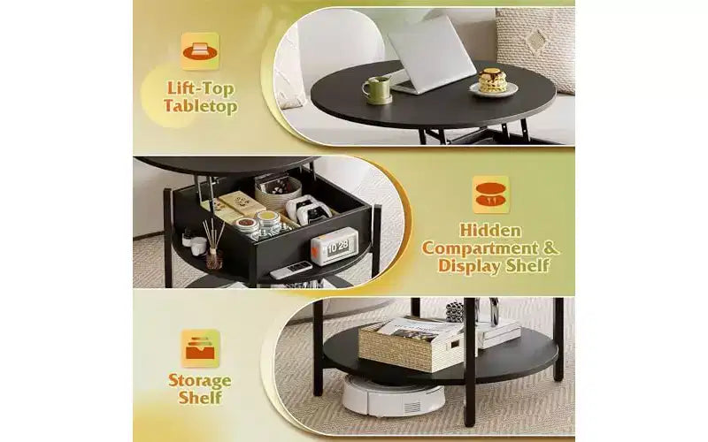 DEXYLLO Round Lift Top Coffee Table with Storage Shelf and Hidden Compartment, Farmhouse Small Coffee Table with 2 Tier for