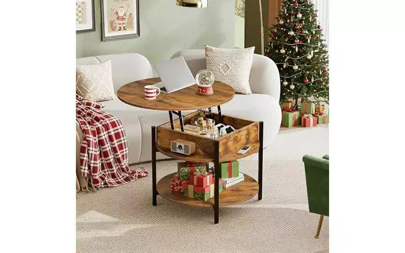 DEXYLLO Round Lift Top Coffee Table with Storage Shelf and Hidden Compartment, Farmhouse Small Coffee Table with 2 Tier for