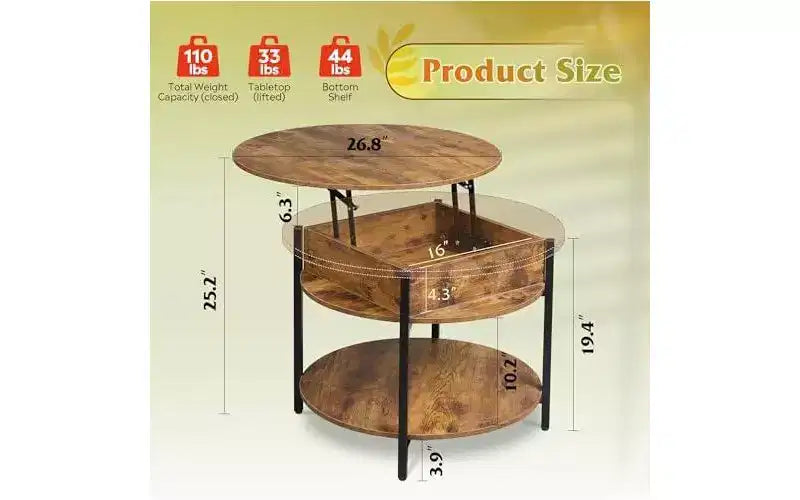 DEXYLLO Round Lift Top Coffee Table with Storage Shelf and Hidden Compartment, Farmhouse Small Coffee Table with 2 Tier for