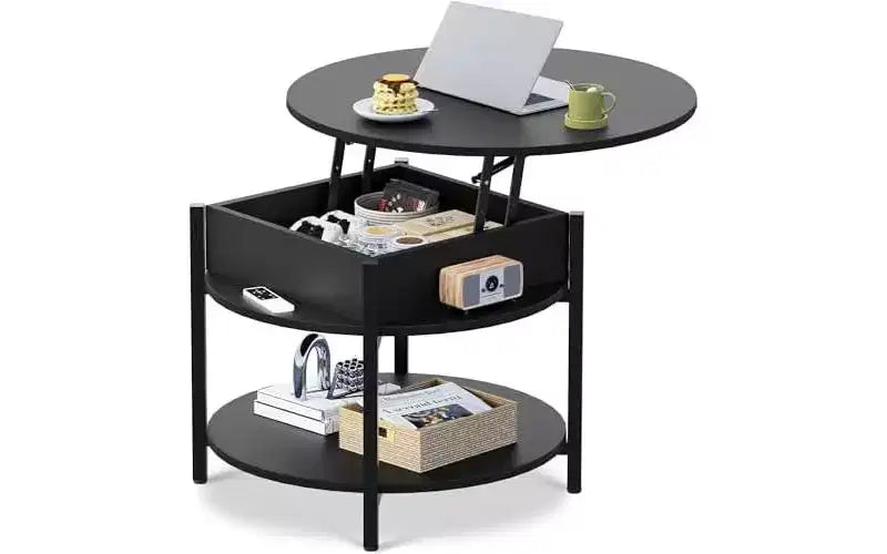DEXYLLO Round Lift Top Coffee Table with Storage Shelf and Hidden Compartment, Farmhouse Small Coffee Table with 2 Tier for
