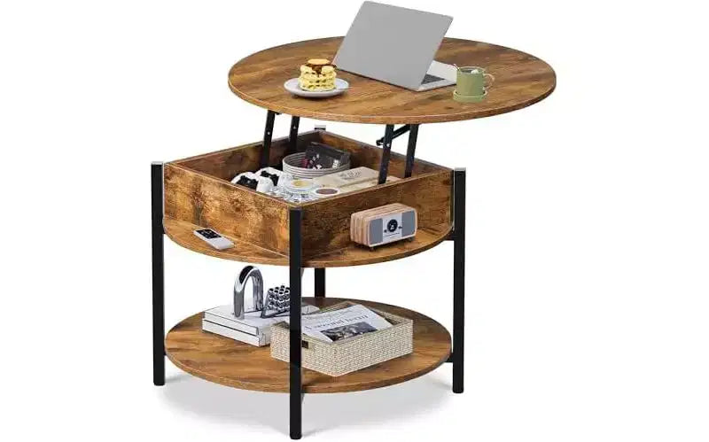 DEXYLLO Round Lift Top Coffee Table with Storage Shelf and Hidden Compartment, Farmhouse Small Coffee Table with 2 Tier for