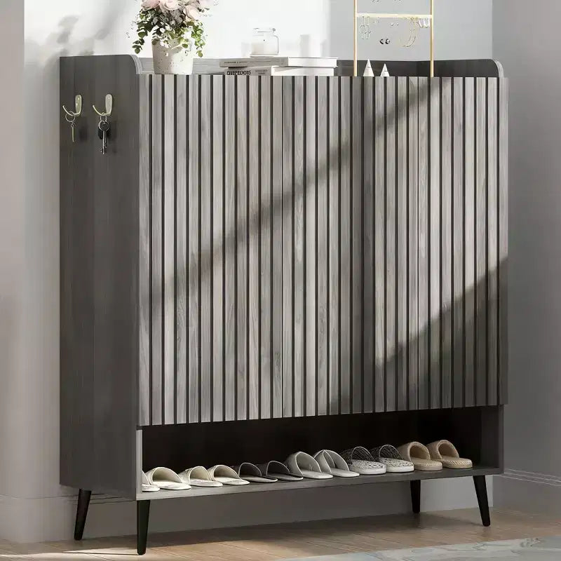SunnyFurn Large Shoe Cabinet with Doors, 3 Door Shoe Storage Cabinet with Adjustable Shelves & Hooks, 6 Tier Shoe Organizer Cabinet for Entryway