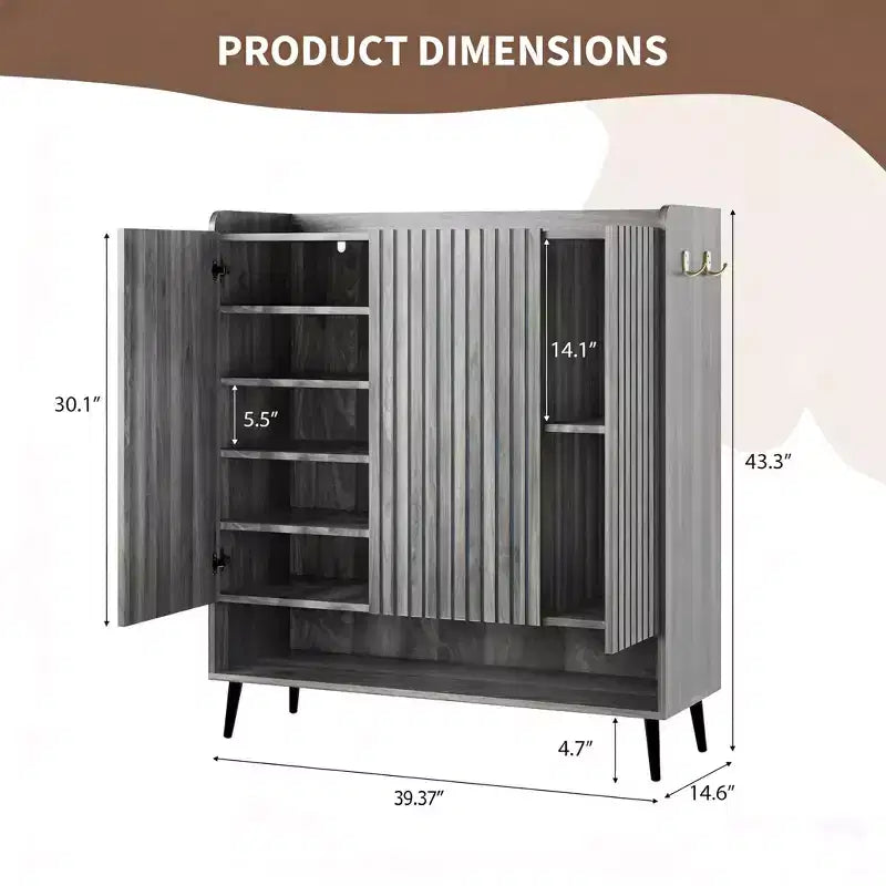 SunnyFurn Large Shoe Cabinet with Doors, 3 Door Shoe Storage Cabinet with Adjustable Shelves & Hooks, 6 Tier Shoe Organizer Cabinet for Entryway