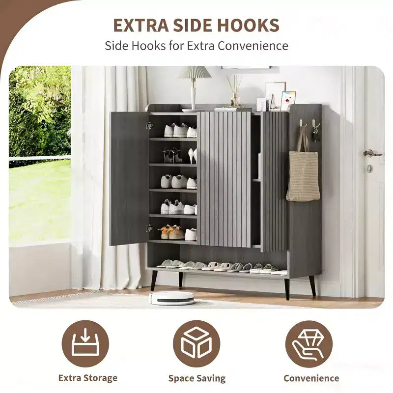 SunnyFurn Large Shoe Cabinet with Doors, 3 Door Shoe Storage Cabinet with Adjustable Shelves & Hooks, 6 Tier Shoe Organizer Cabinet for Entryway
