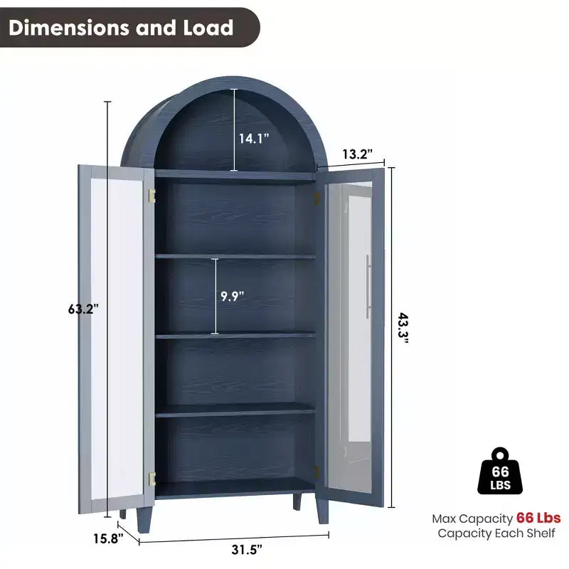 Arched Bookcase with Glass Doors,5-Tier Display Shelf with Adjustable Shelf,Versatile Storage Cupboard for Kitchen, Dining Room,Living Room