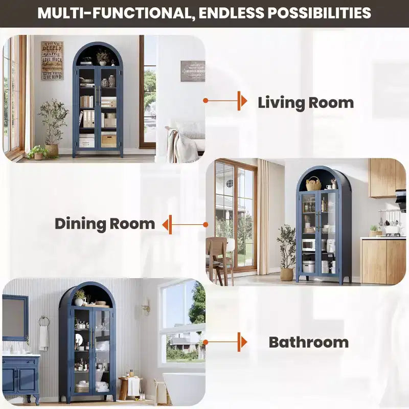 Arched Bookcase with Glass Doors,5-Tier Display Shelf with Adjustable Shelf,Versatile Storage Cupboard for Kitchen, Dining Room,Living Room