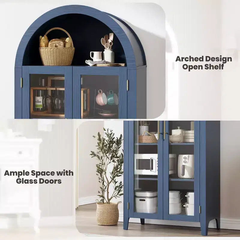 Arched Bookcase with Glass Doors,5-Tier Display Shelf with Adjustable Shelf,Versatile Storage Cupboard for Kitchen, Dining Room,Living Room