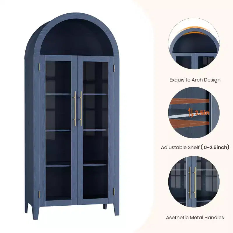 Arched Bookcase with Glass Doors,5-Tier Display Shelf with Adjustable Shelf,Versatile Storage Cupboard for Kitchen, Dining Room,Living Room