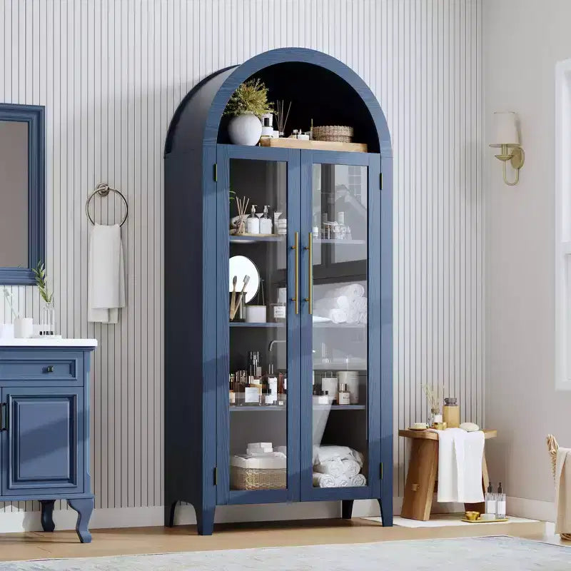 Arched Bookcase with Glass Doors,5-Tier Display Shelf with Adjustable Shelf,Versatile Storage Cupboard for Kitchen, Dining Room,Living Room