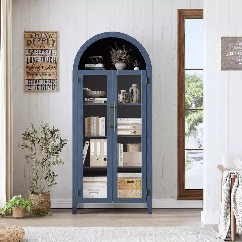 Arched Bookcase with Glass Doors,5-Tier Display Shelf with Adjustable Shelf,Versatile Storage Cupboard for Kitchen, Dining Room,Living Room