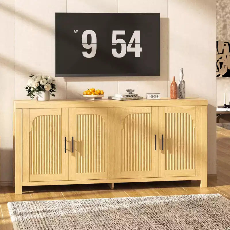 LinTimes Modern Farmhouse Sideboard Buffet Cabinet 71 Credenza with Fluted Doors, Adjustable Shelves, Cable Management Storage for Kitchen