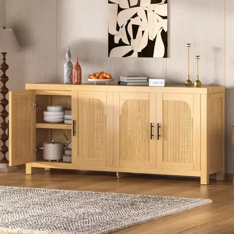 LinTimes Modern Farmhouse Sideboard Buffet Cabinet 71 Credenza with Fluted Doors, Adjustable Shelves, Cable Management Storage for Kitchen