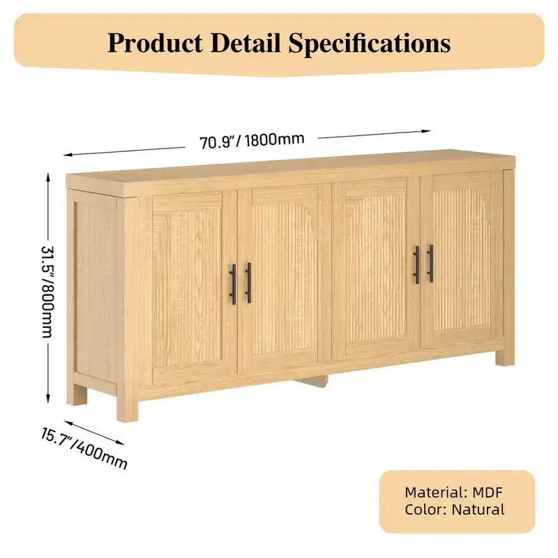 LinTimes Modern Farmhouse Sideboard Buffet Cabinet 71 Credenza with Fluted Doors, Adjustable Shelves, Cable Management Storage for Kitchen