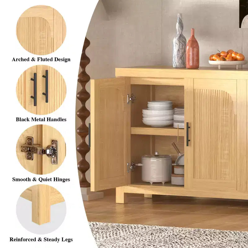 LinTimes Modern Farmhouse Sideboard Buffet Cabinet 71 Credenza with Fluted Doors, Adjustable Shelves, Cable Management Storage for Kitchen