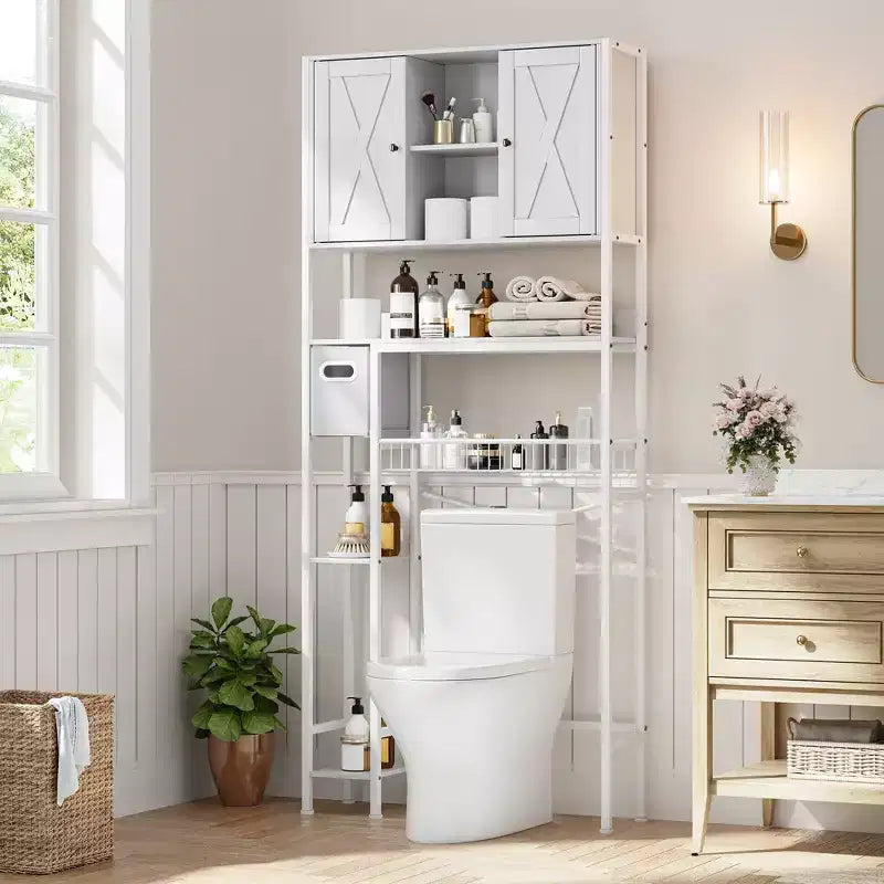 Over The Toilet Storage Cabinet with 2 Doors, Water-Resistant Freestanding Bathroom Organizer Shelf, Space-Saver Rack with Toilet Paper Holder